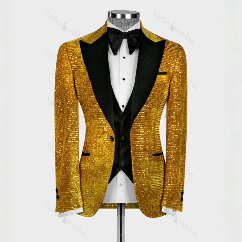 Gold Sequin Three Piece Peaked Lapel Prom Suit