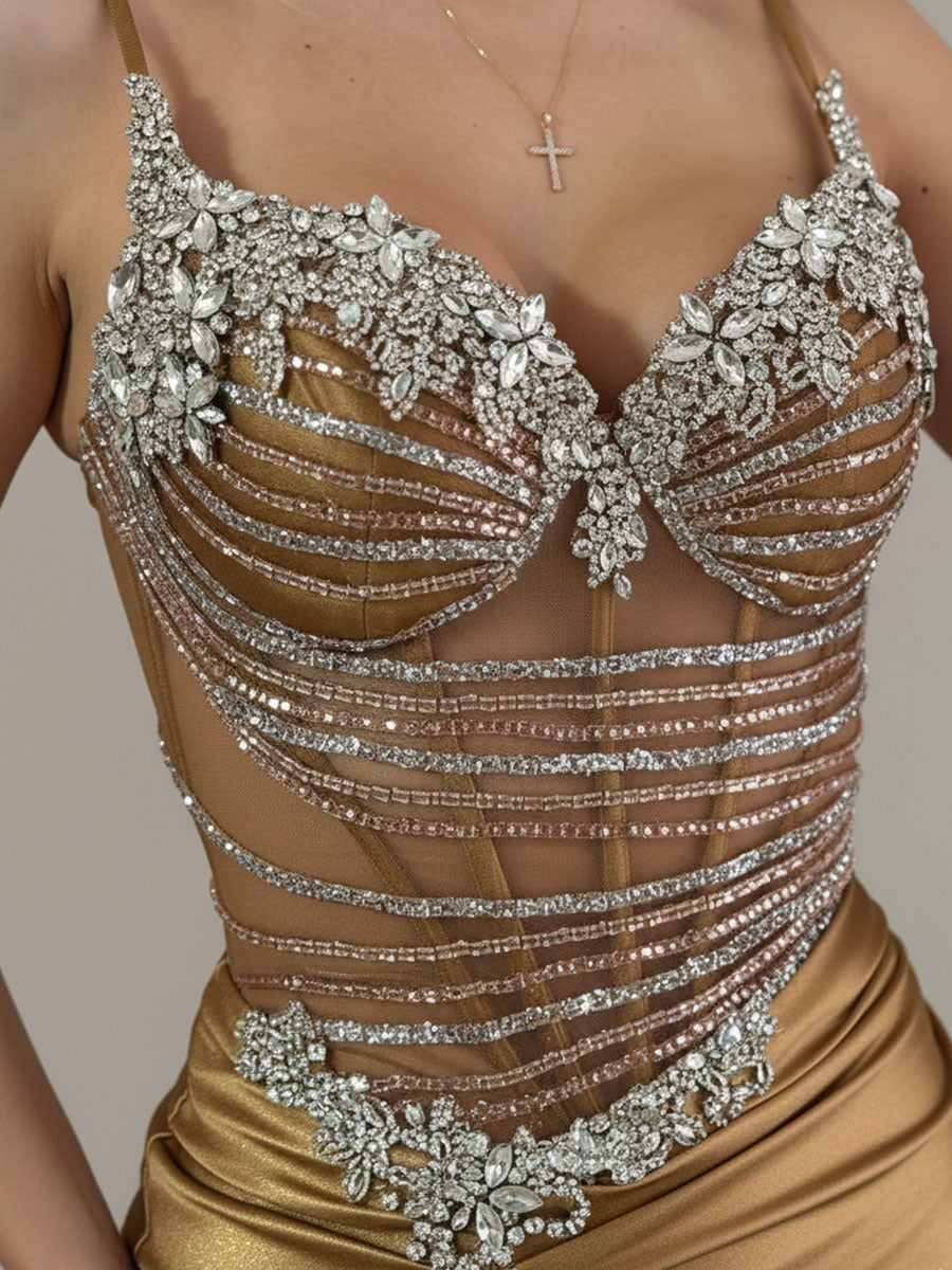 Gold Plunging V-Neck Beaded Bodice Satin Prom Dress with Slit