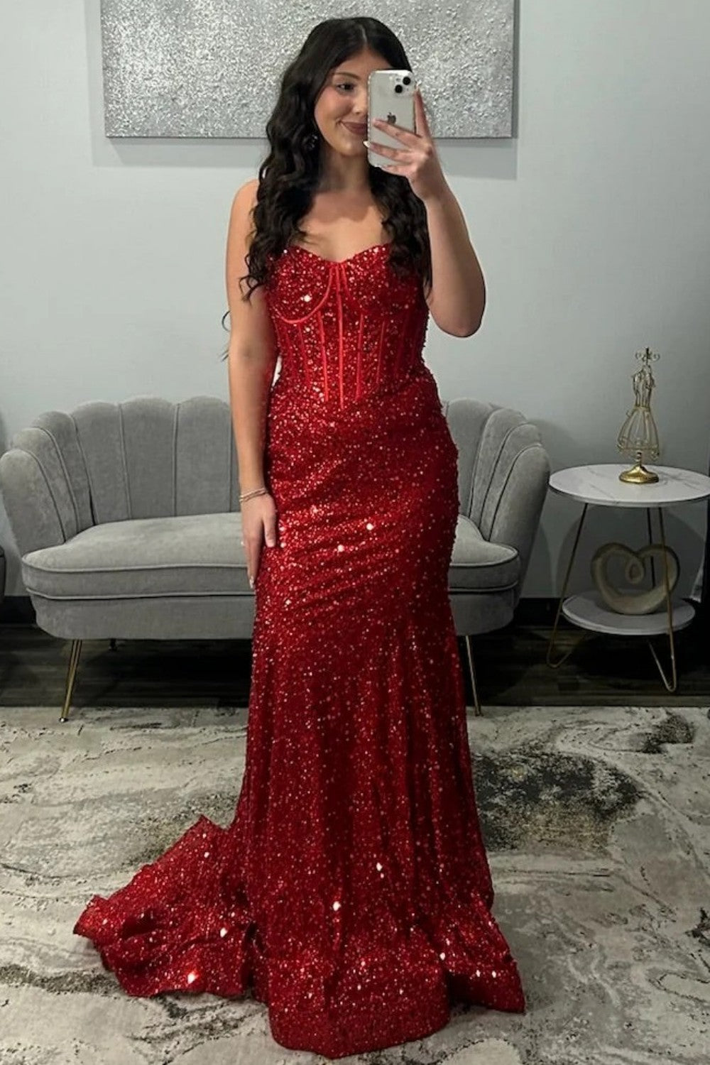 Shiny Light Blue Mermaid Spaghetti Straps Long Beaded Prom Dress