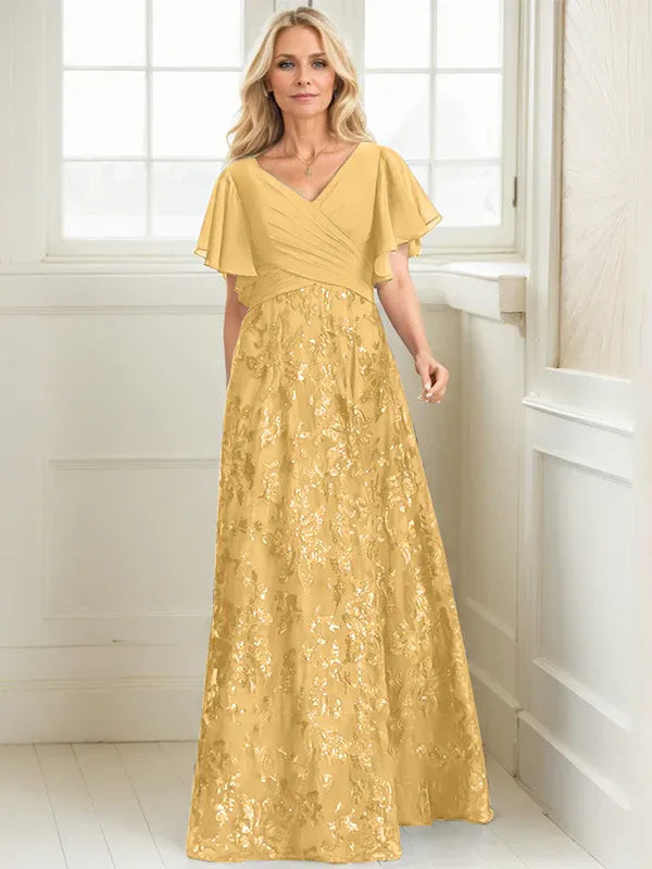 A-line V-Neck Floor-Length Lace Sequin Chiffon Mother of the Bride Dress With Pleated - View 13 | FashionDia