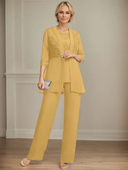 Jumpsuit/Pantsuit Separates Scoop Floor-Length Chiffon Lace Mother of the Bride Dress With Sequins