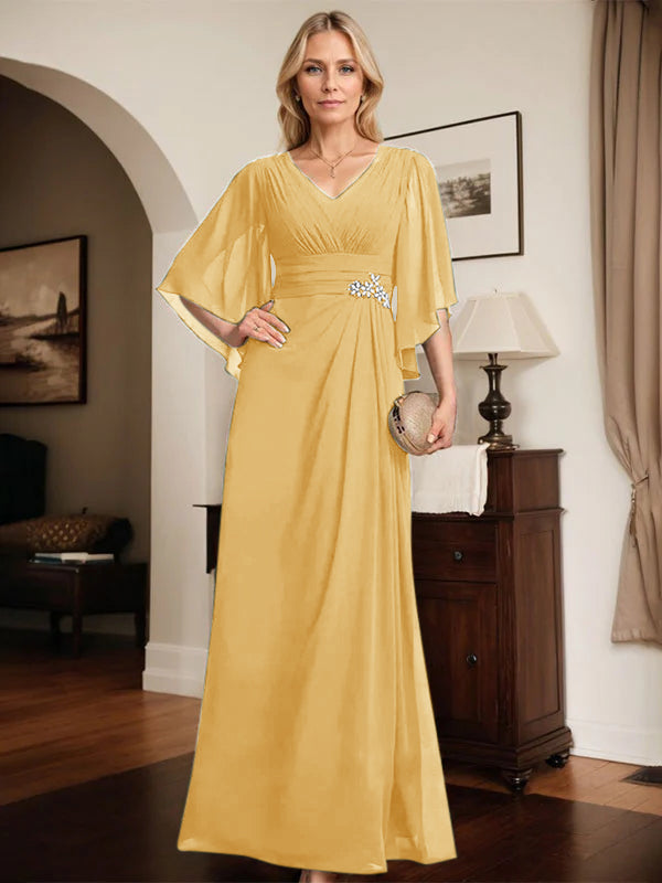 Sheath/Column V-Neck Floor-Length Chiffon Mother of the Bride Dress With Pleated Sequins Beading
