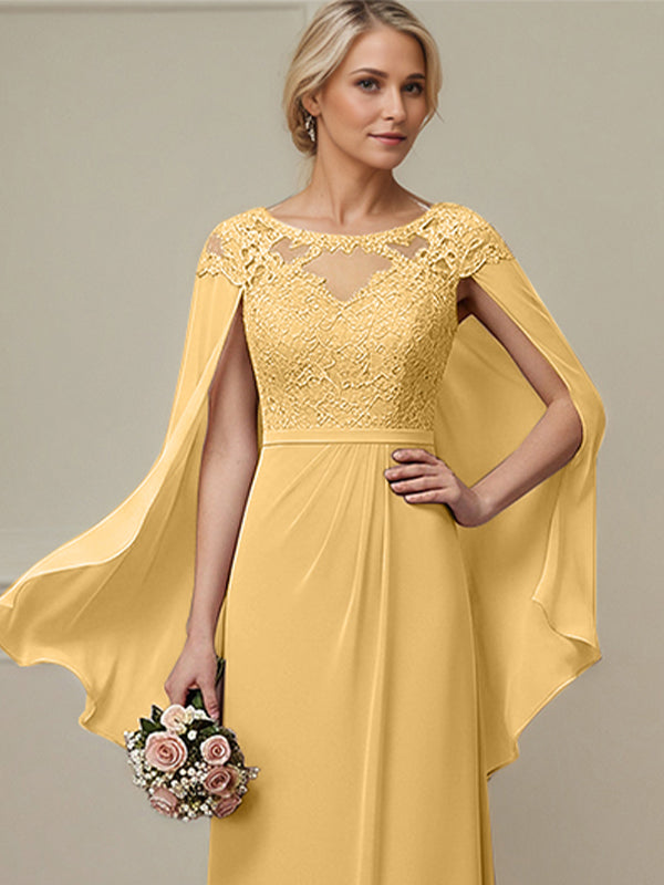 Gold A-line Scoop Illusion Floor-Length Lace Chiffon Mother of the Bride Dress With Appliques