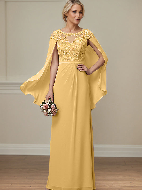 Gold A-line Scoop Illusion Floor-Length Lace Chiffon Mother of the Bride Dress With Appliques