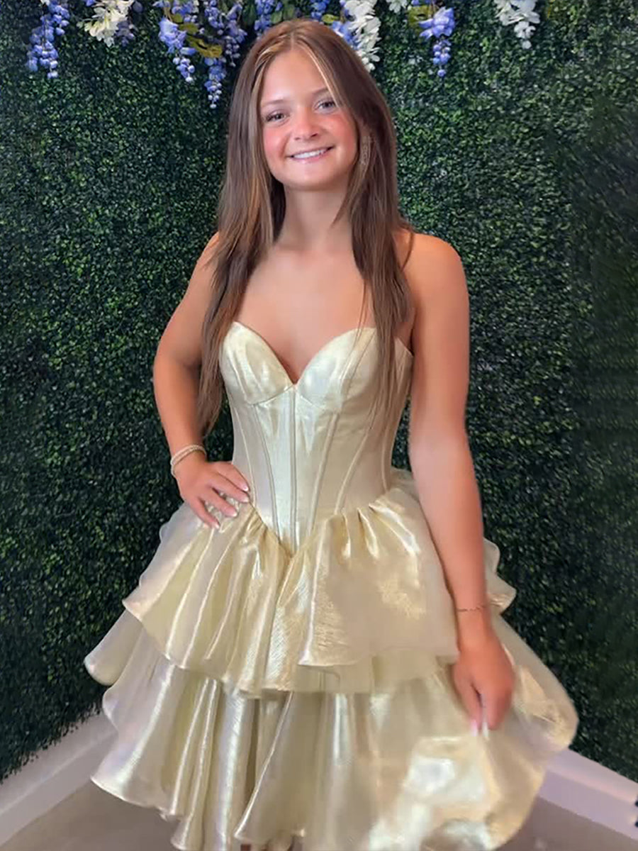 Strapless Organza Tiered Short Homecoming Dress with Ruffles