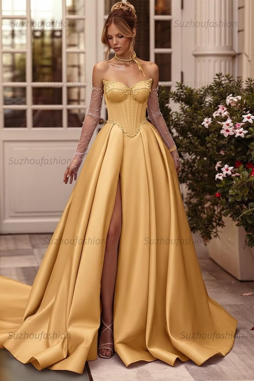 Lilac Prom Dress Beaded A Line Sweetheart Corset Evening Dress with Slit