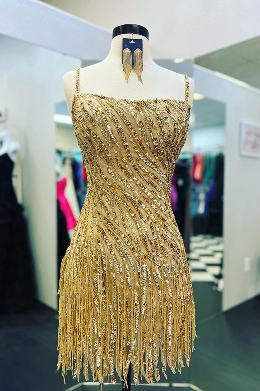 Golden Homecoming Dresses Spaghetti Straps Beaded Fringed Tight Short Hoco Dress