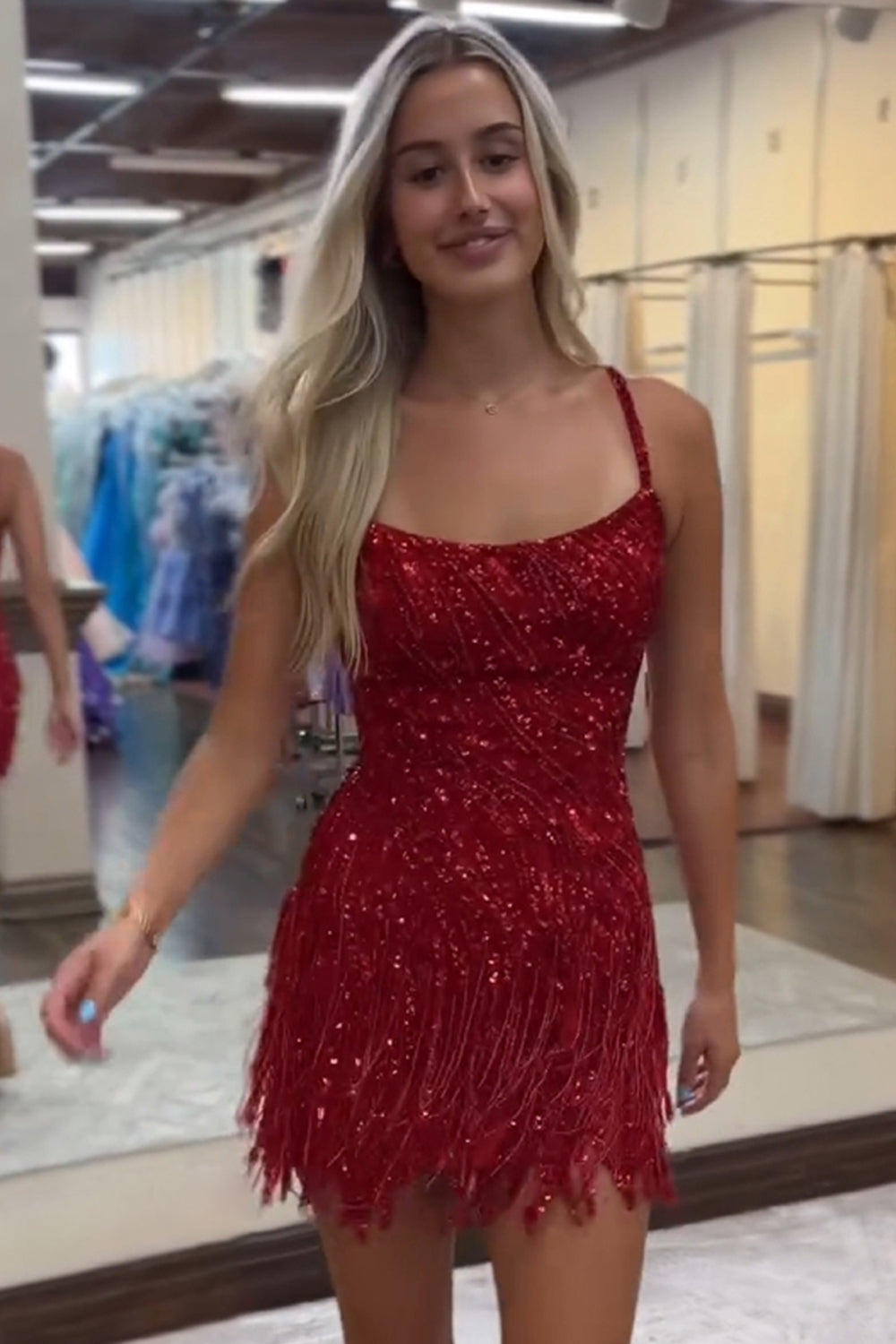 Golden Homecoming Dresses Spaghetti Straps Sequin Tight Short Hoco Dress with Fringes