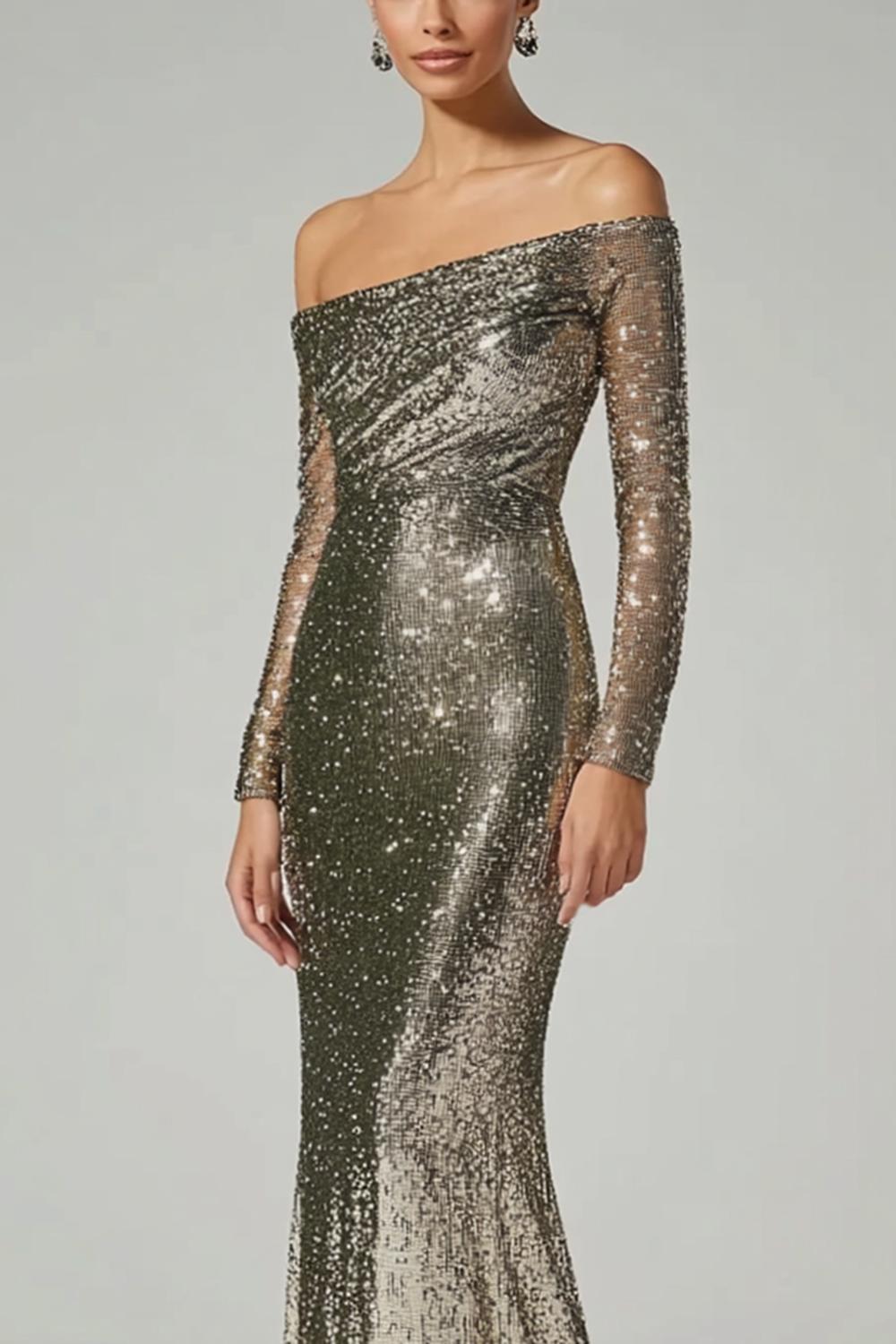 Golden Sheath Off The Shoulder Sequin Long Formal Dress