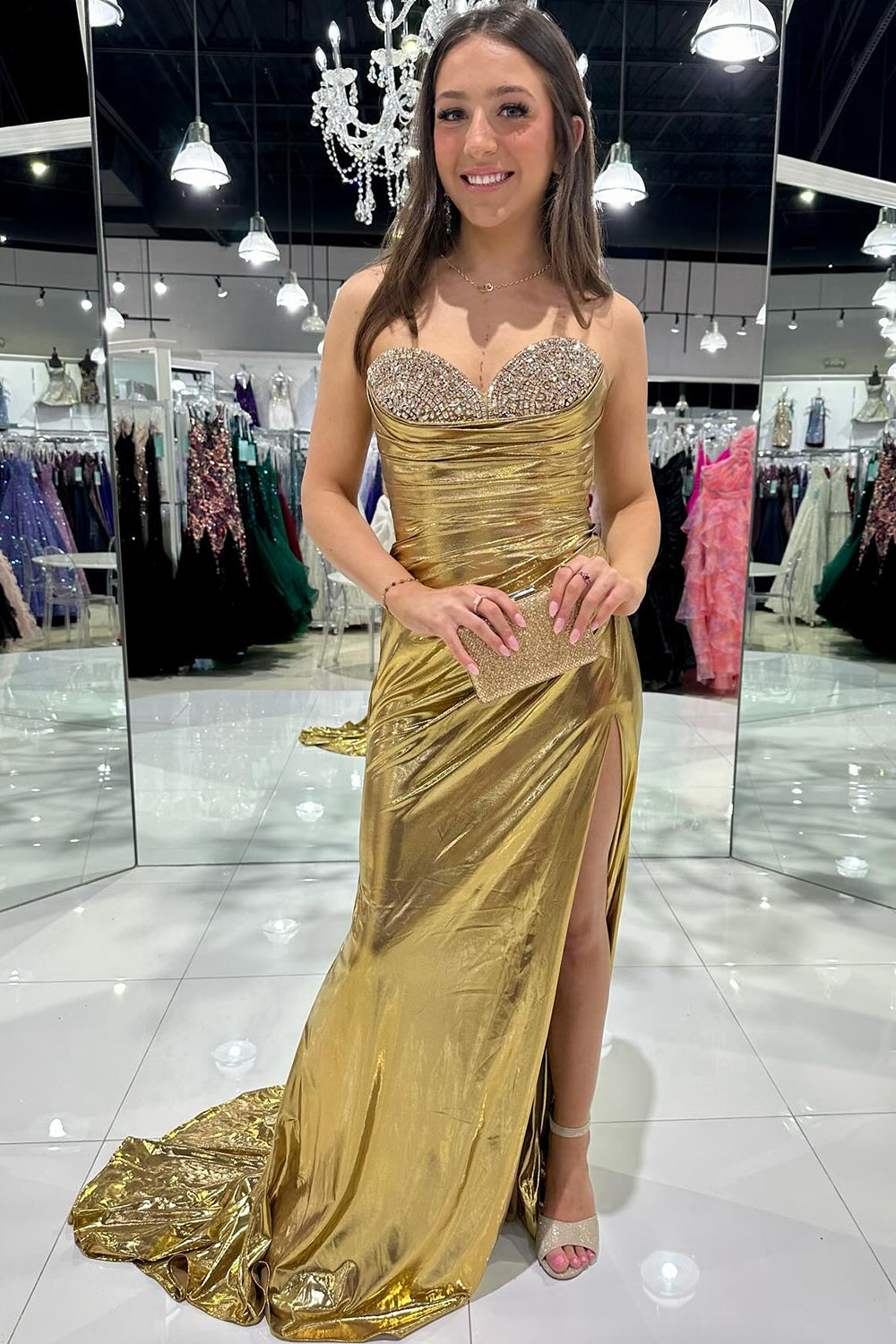 Silver Mermaid Sweetheart Long Metallic Prom Dress with Beading