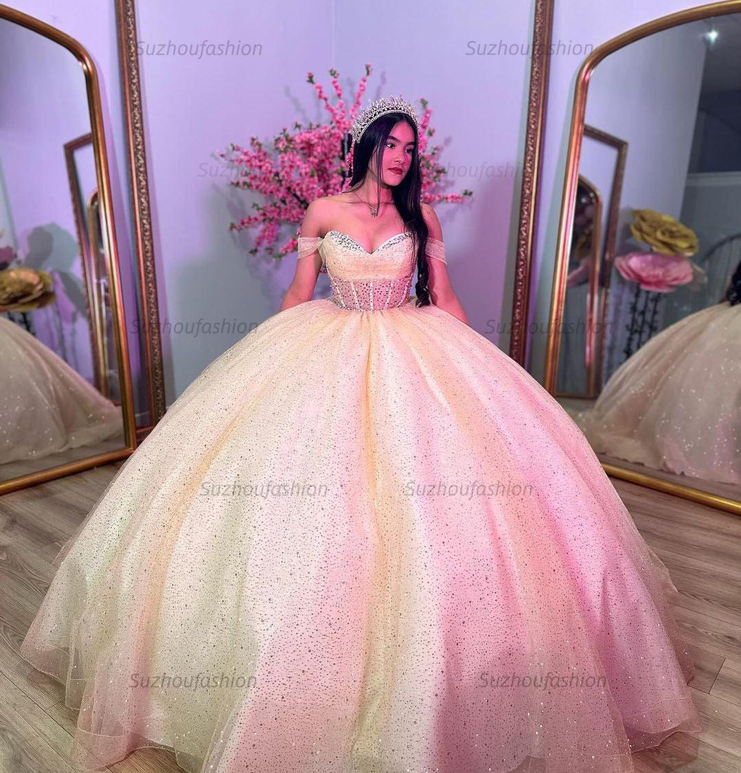 Gorgeous Ball Gown Off Shoulder Sleeveless Beaded Tulle Quinceanera Dress Princess Evening Party Gown For Sweet 16