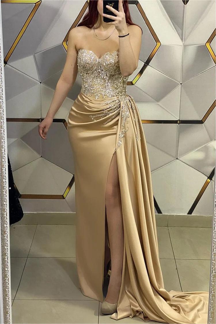 Gorgeous Gold Prom Dress Sweetheart Strapless Sleeveless Pleated Long Split With Beading