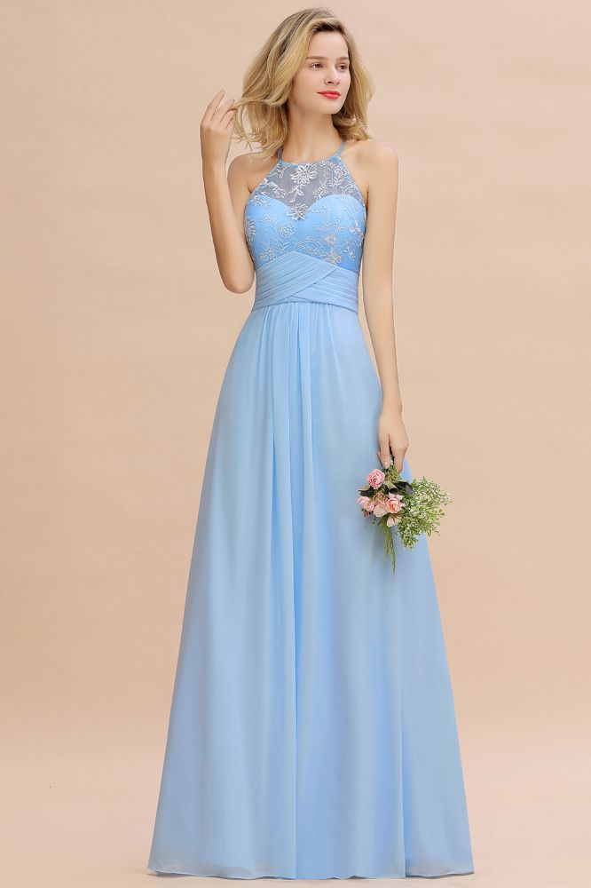 Gorgeous Halter Floral lace aline Chiffon Bridesmaid Dress Sleeveless Ruffle Wedding Guest Dress