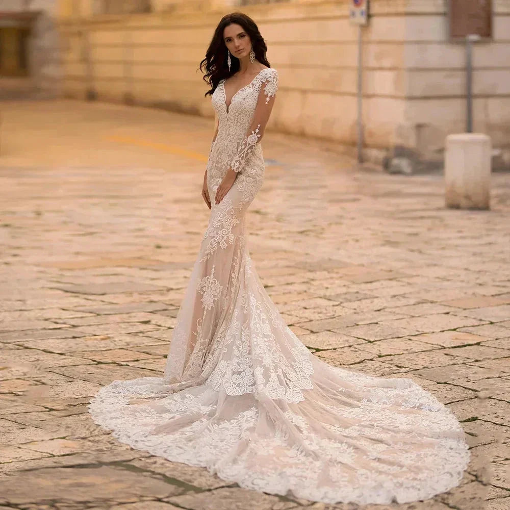 Gorgeous Lace Long Sleeve Mermaid Wedding Dresses Tulle Bridal Gown For Women Cathedral Train V-Neck Appliques Button Back by payinti