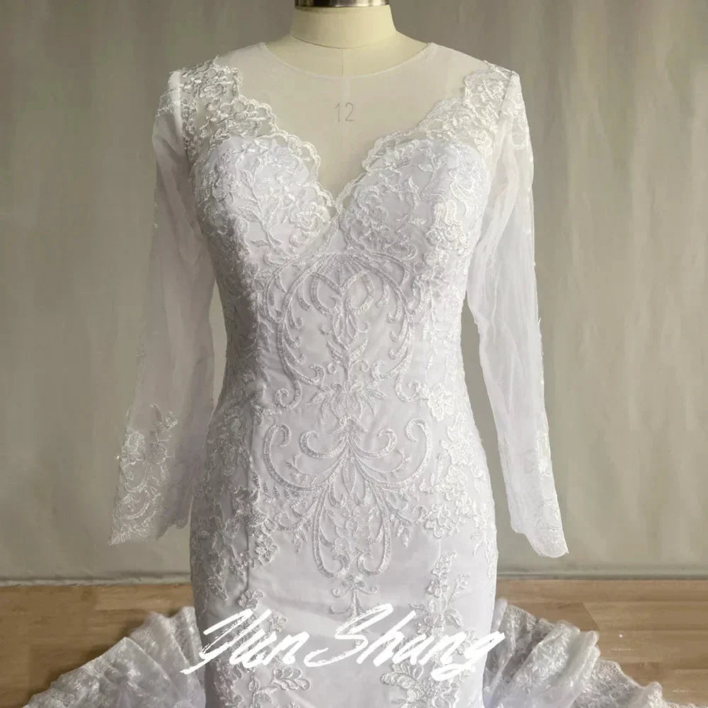 Gorgeous Lace Long Sleeve Mermaid Wedding Dresses Tulle Bridal Gown For Women Cathedral Train V-Neck Appliques Button Back (ZD14087) - View 6 | VelvetHem