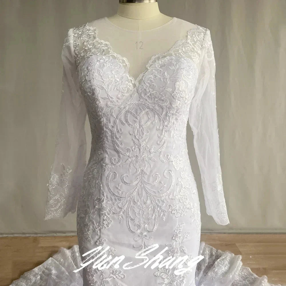 Gorgeous Lace Long Sleeve Mermaid Wedding Dresses Tulle Bridal Gown For Women Cathedral Train V-Neck Appliques Button Back (ZD14087)