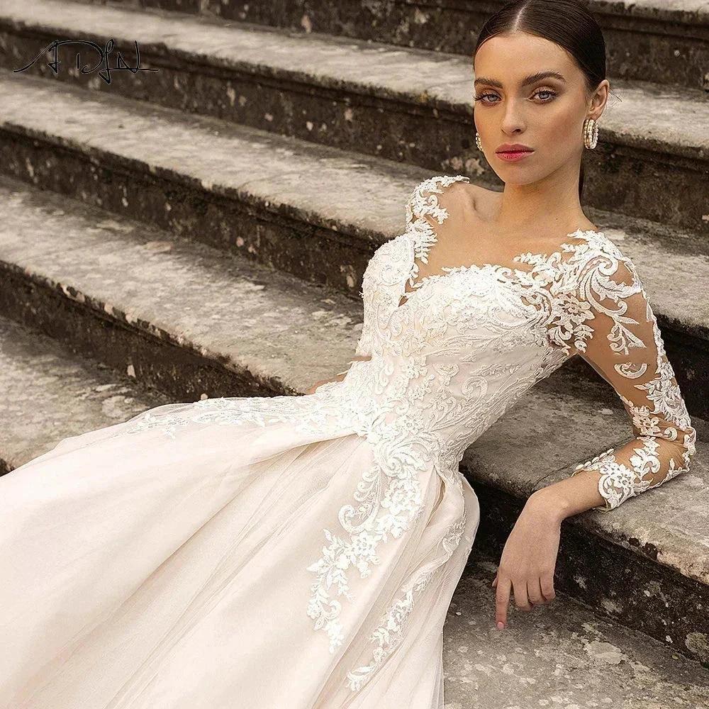Gorgeous Lace Wedding Dresses Long Sleeve Women's Elegant Tulle Sticker Floral Champagne Bridal Gowns Princess Formal Party Robe (ZD14133)