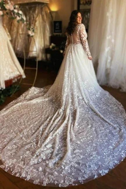 Gorgeous Long A-line V-neck Long Sleeves Lace Wedding Dresses with Train (ZD15603) - View 2 | VelvetHem