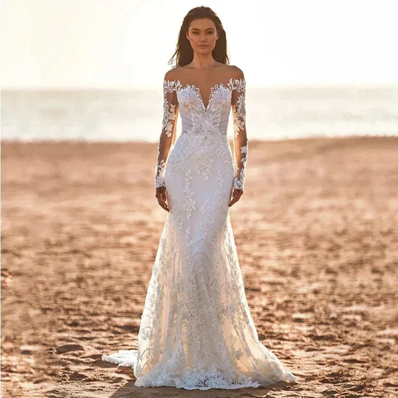 Gorgeous Long Sleeve Women's Wedding Dresses Elegant Lace Applique Off Shoulder Bridal Dress Mermaid Formal Beach Button Robe De by payinti