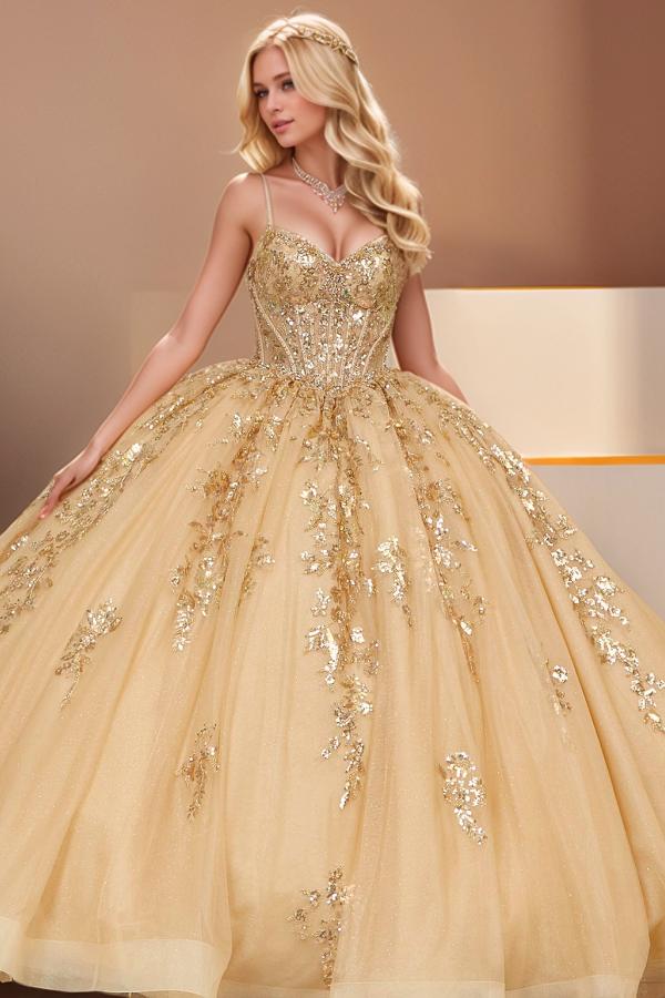 Gorgeous & Luxury Ball Gown Sweetheart Neck Spaghetti Straps Sequins Lace Appliques Bown Knot Gold Tulle Quinceanera Dress Evening Dress For Sweet 16