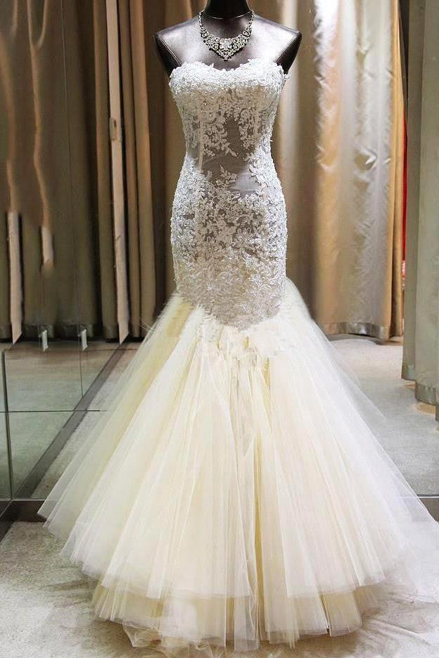 Gorgeous Mermaid Sweetheart Wedding Dress Lace Applique Bridal Gown with Long Train CE0159