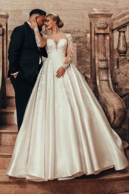 Gorgeous Princess A-line Satin Lace Wedding Dresses With Long Sleeves (ZD15630) - View 3 | VelvetHem