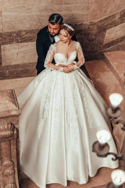 Gorgeous Princess A-line Satin Lace Wedding Dresses With Long Sleeves (ZD15630)