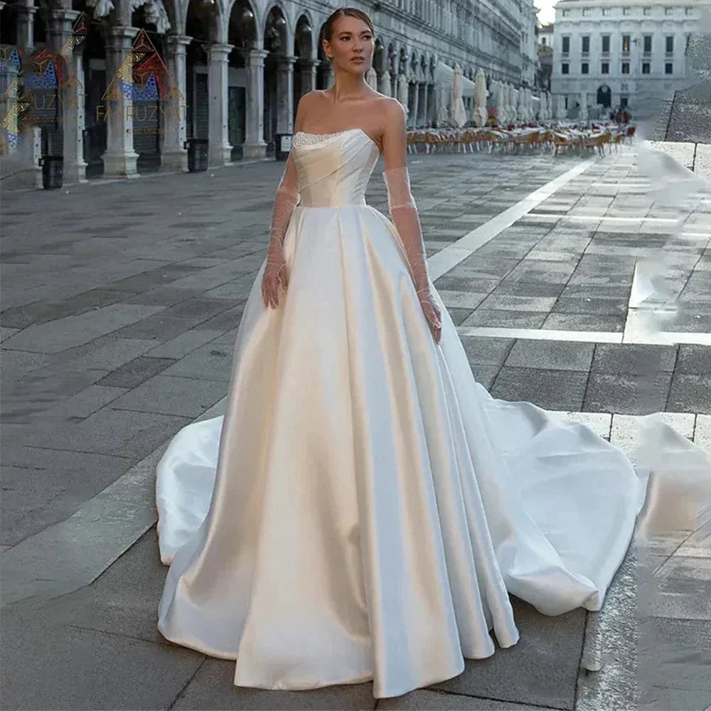 Gorgeous Satin Modern Wedding Dresses Elegant Off Shoulder Sleeveless Train Floor-Length Fluffy Princess Style Bride Gowns 2023 by payinti