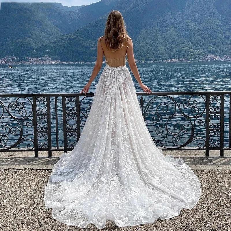 Gorgeous Sexy Off Shoulder Sleeveless High Fork Mopping Wedding Dresses With Split Beach Lace Bride Dresses Backless Custom Made (ZD14236)