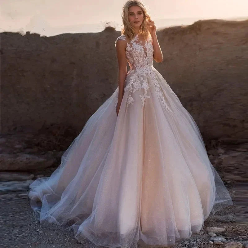 Gorgeous White Tulle O-Neck Sleeveless Decal Luxury Pearl Embroidery Button A-line Floor-Length Bridal Ball Dress (ZD14211)