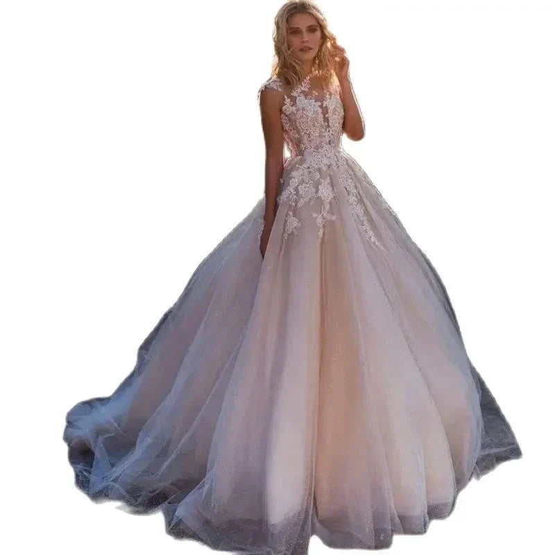 Gorgeous White Tulle O-Neck Sleeveless Decal Luxury Pearl Embroidery Button A-line Floor-Length Bridal Ball Dress by payinti