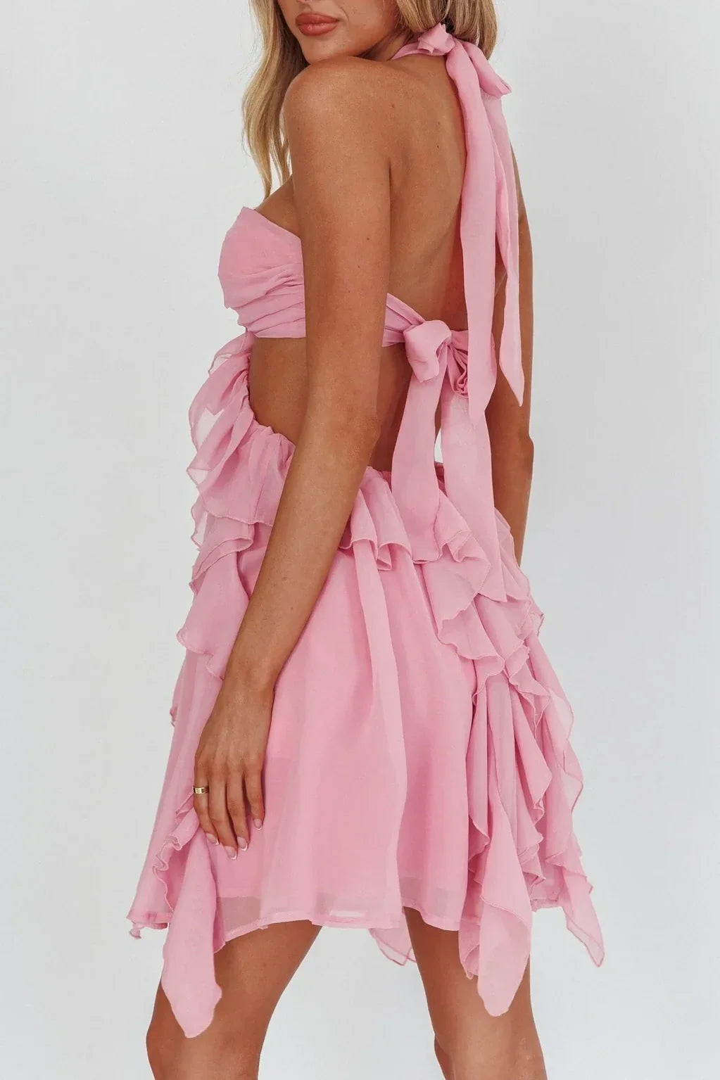 Gorgeous A Line Halter Neck Pink Short Homecoming Dress with Ruffles