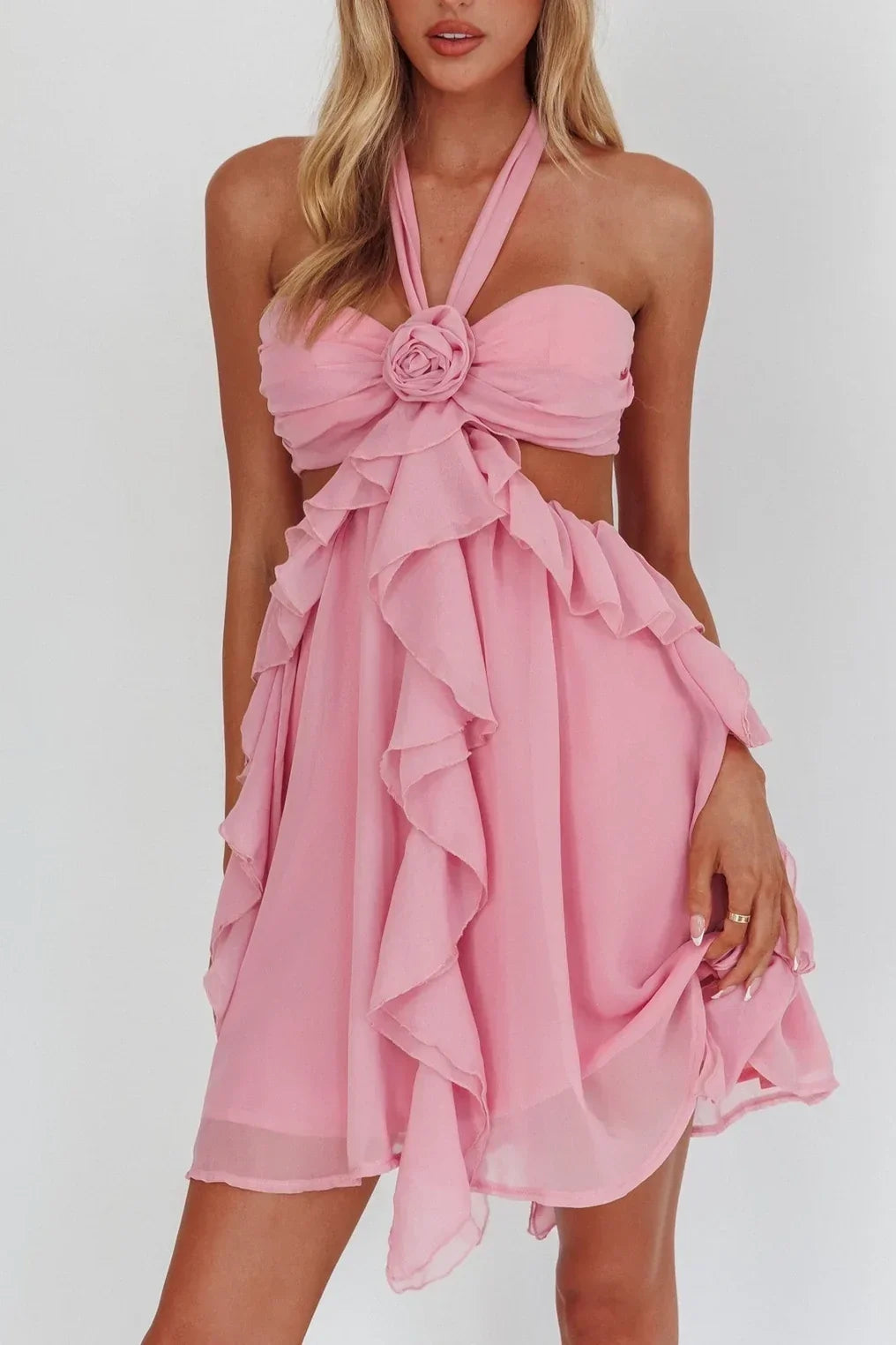 Gorgeous A Line Halter Neck Pink Short Homecoming Dress with Ruffles