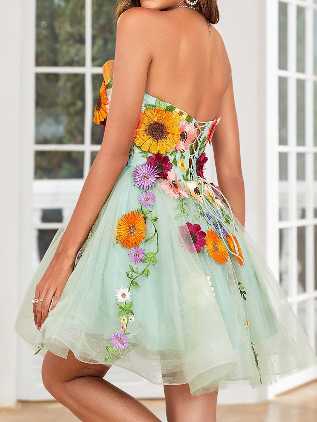 Strapless Champagne A Line Homecoming Dress With 3D Flowers - Fashionpara