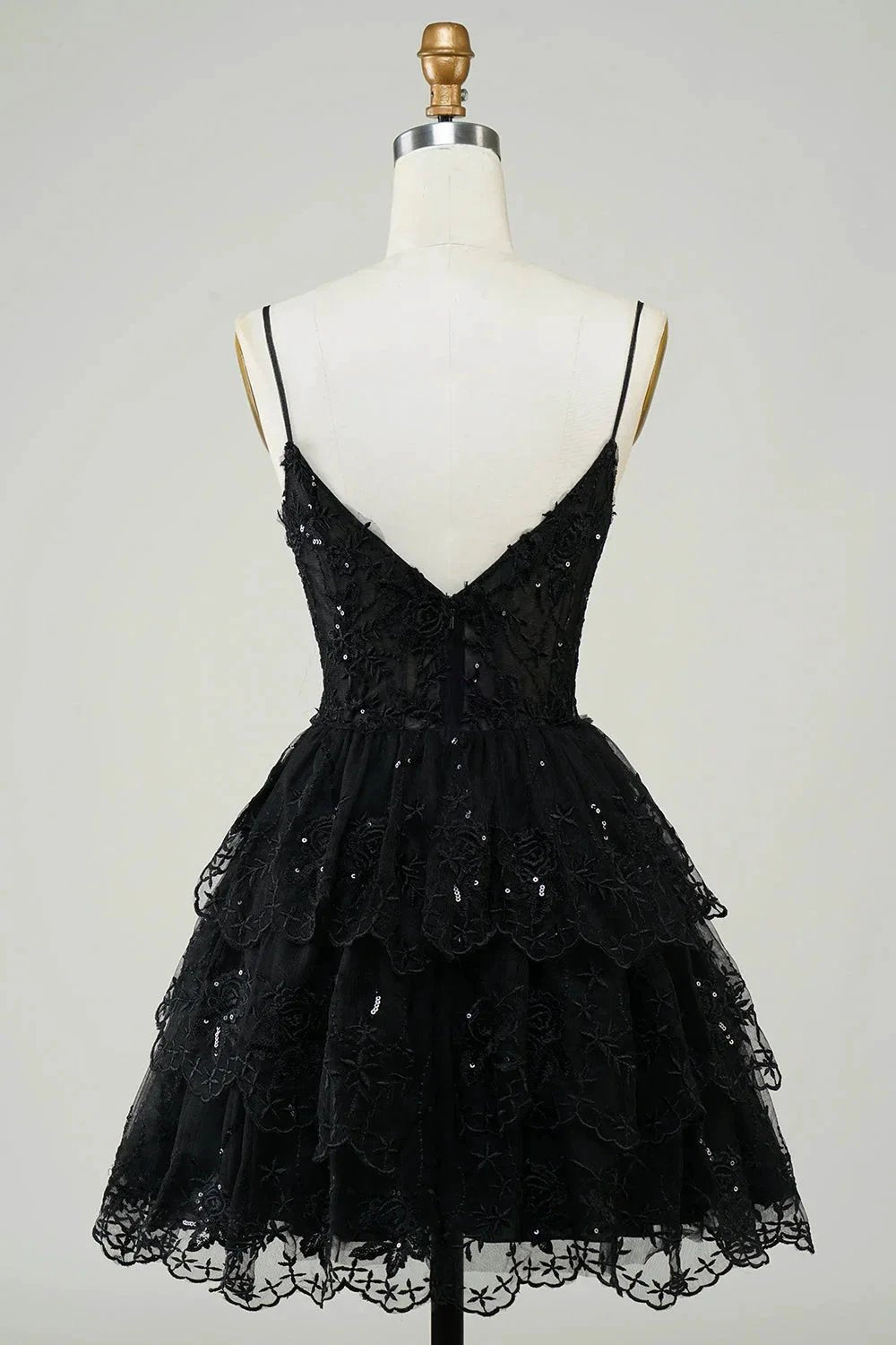 Cute Black A Line Sparkly Sequin Tiered Corset Short Homecoming Dress (ZD11484)