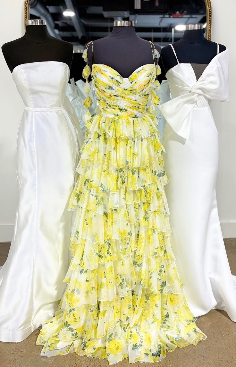 Gorgeous A Line Spaghetti Straps Yellow Floral Printed Long Prom Dress with Ruffles