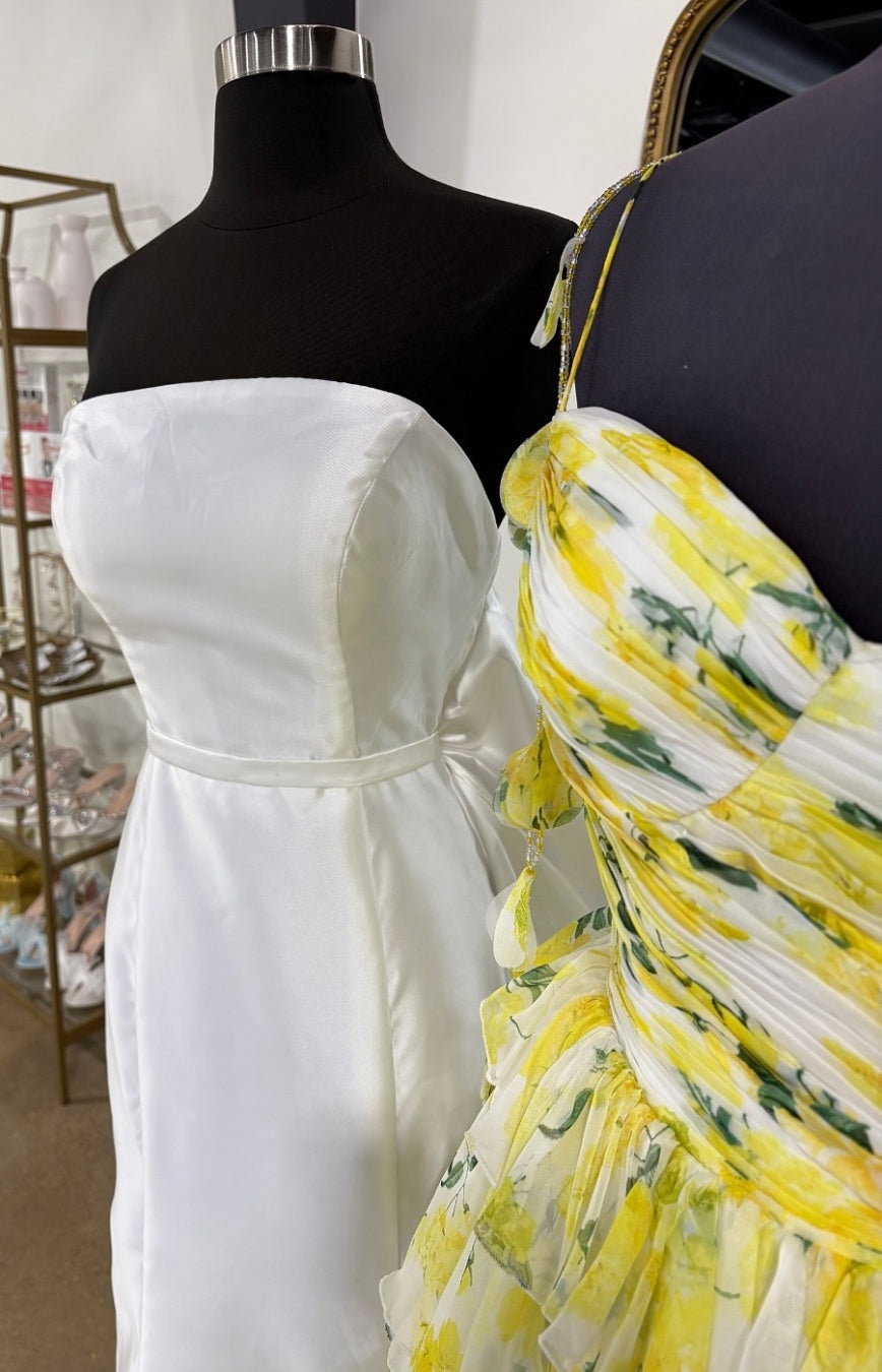 Gorgeous A Line Spaghetti Straps Yellow Floral Printed Long Prom Dress with Ruffles