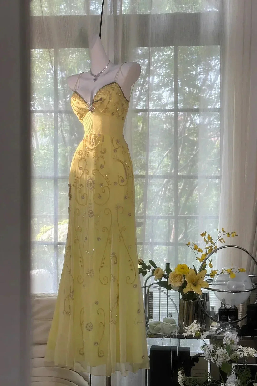 Gorgeous A Line Spaghetti Straps Yellow Long Prom Dress with Appliques Beading