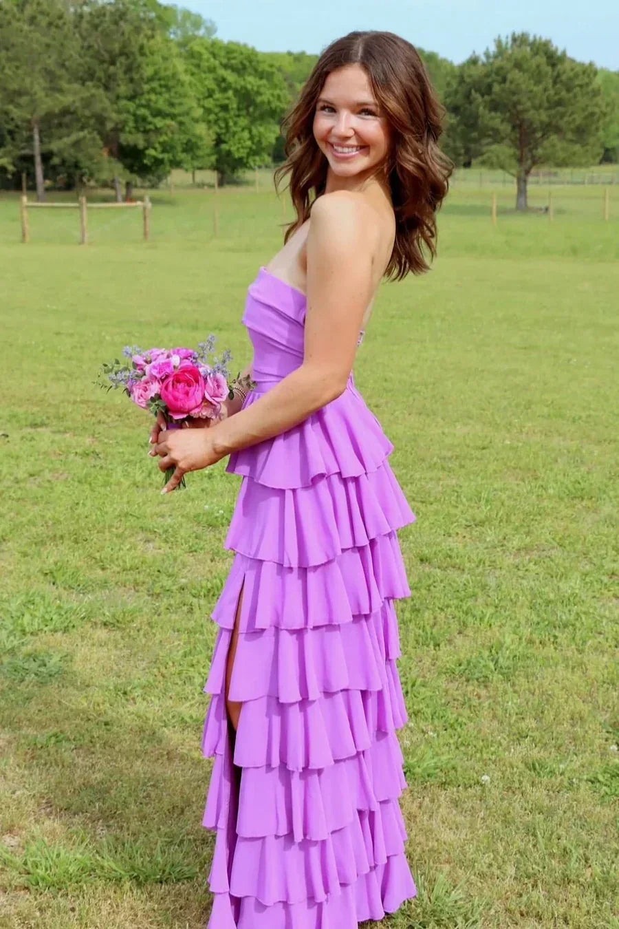 Gorgeous A Line Strapless Purple Long Prom Dress with Criss Cross Back