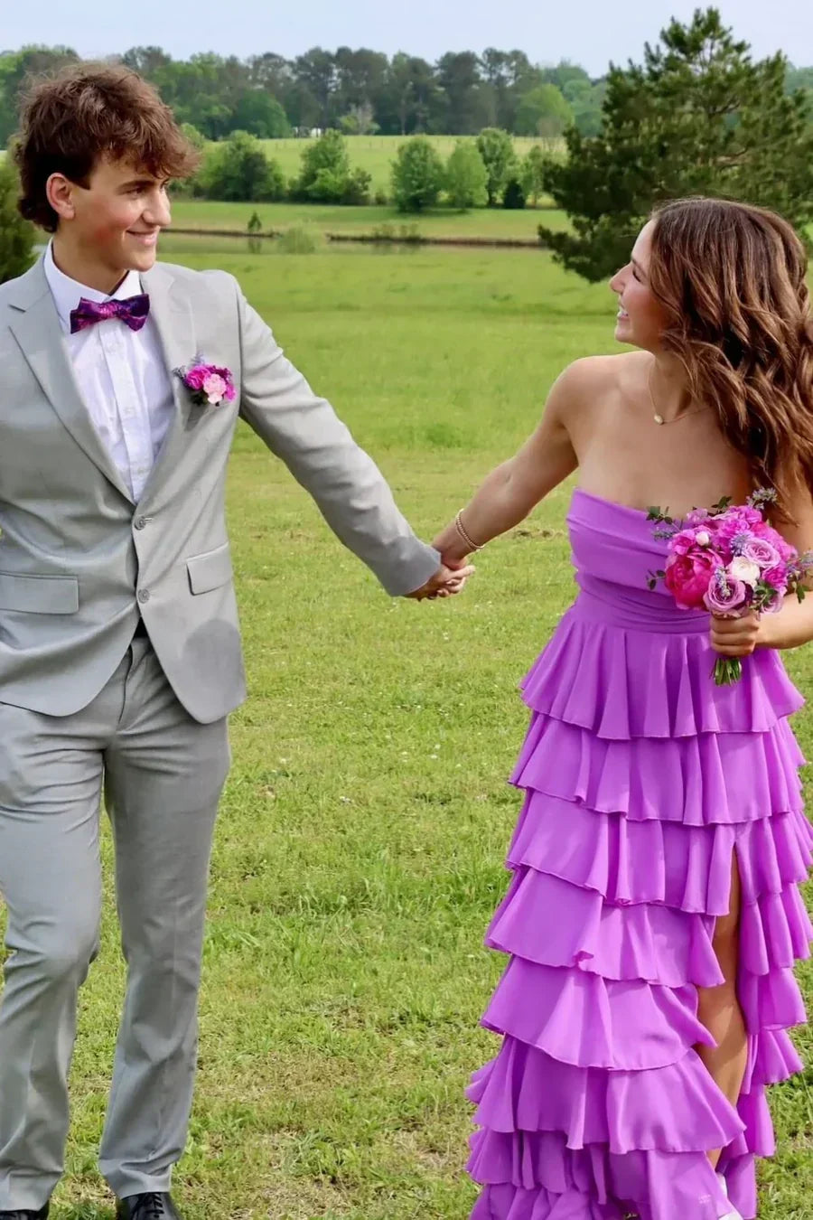 Gorgeous A Line Strapless Purple Long Prom Dress with Criss Cross Back