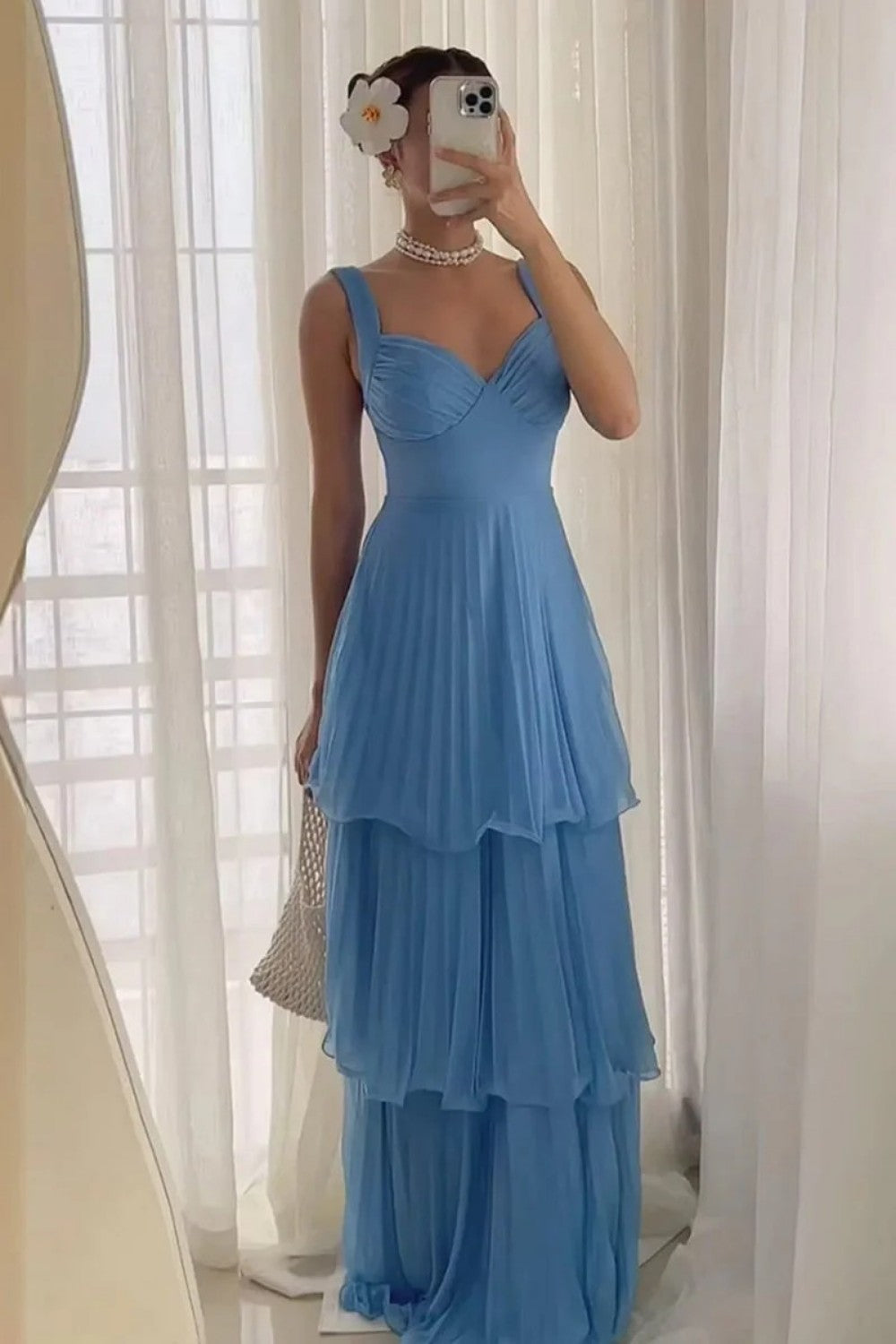 Gorgeous A Line Sweetheart Blue Long Prom Dress with Ruffles