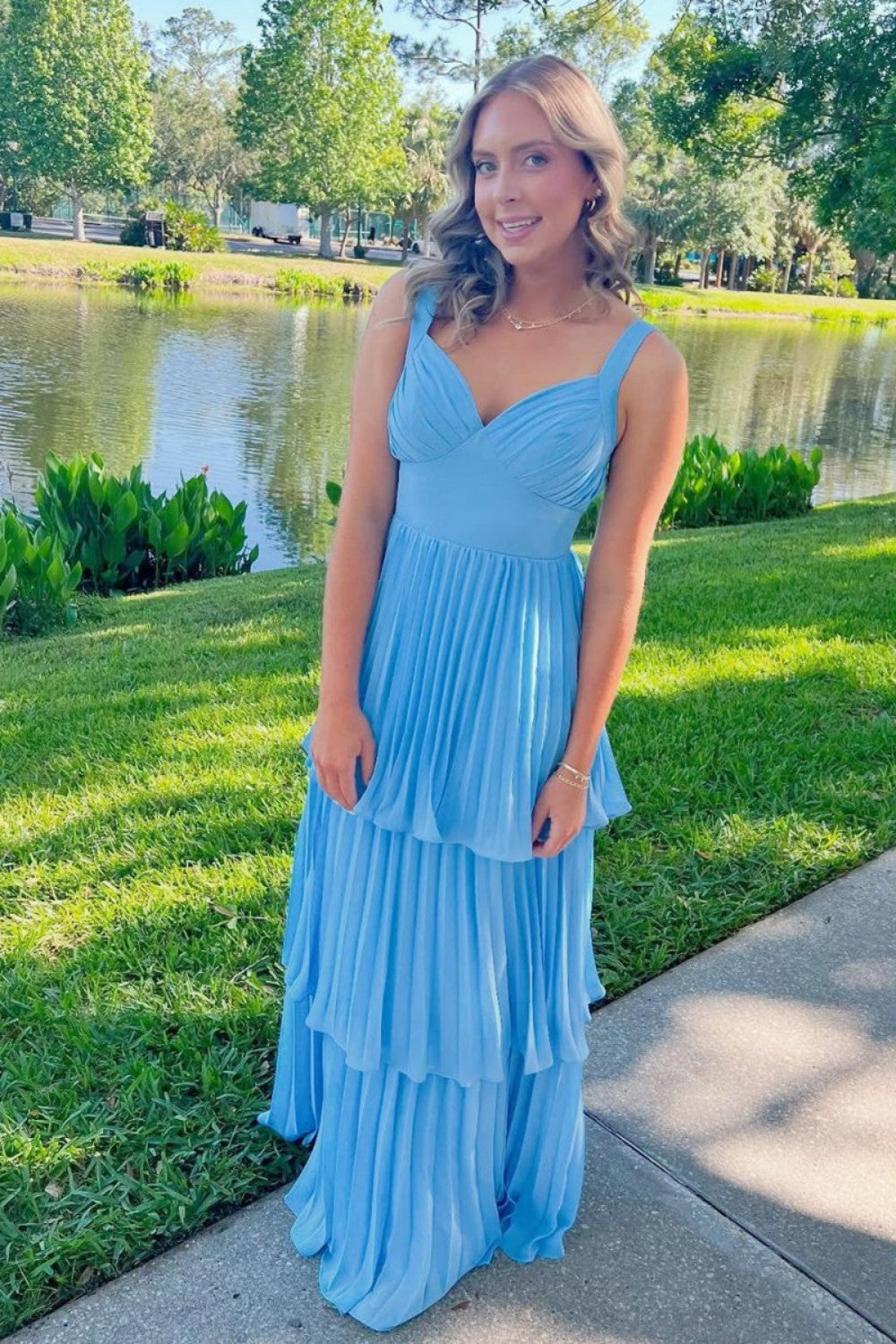 Gorgeous A Line Sweetheart Blue Long Prom Dress with Ruffles
