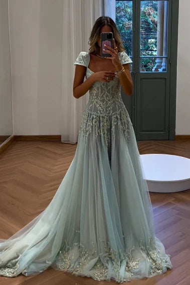 Retro Style A Line V Neck Light Green Long Prom Dress with Appliques Beading