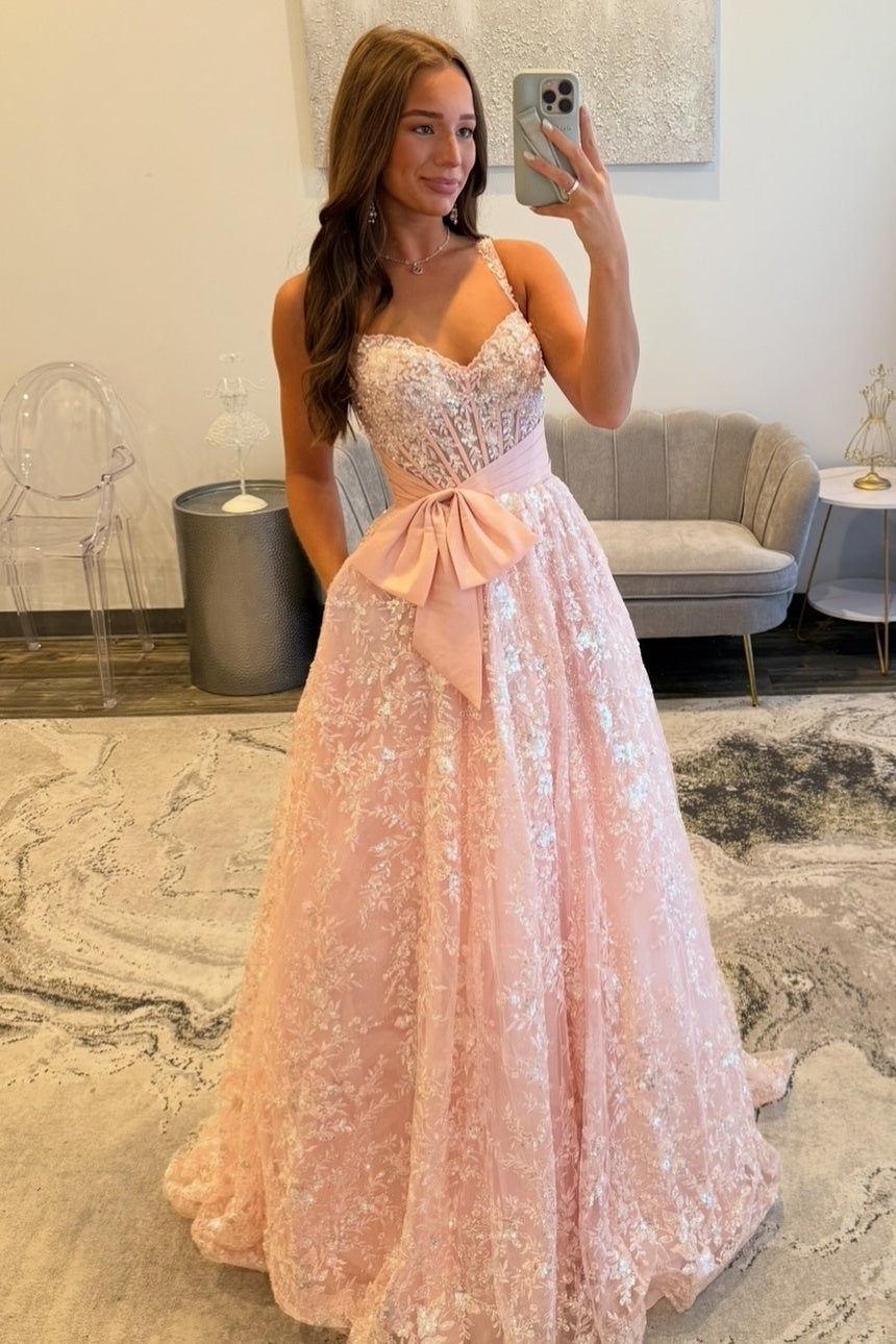Gorgeous A Line Sweetheart Light Pink Corset Prom Dress with Bowknot - FashionDia