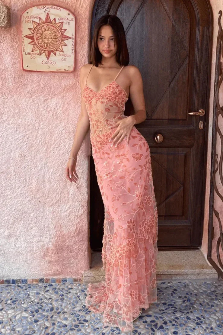 Gorgeous Mermaid Spaghetti Straps Orange Long Prom Dress with Appliques