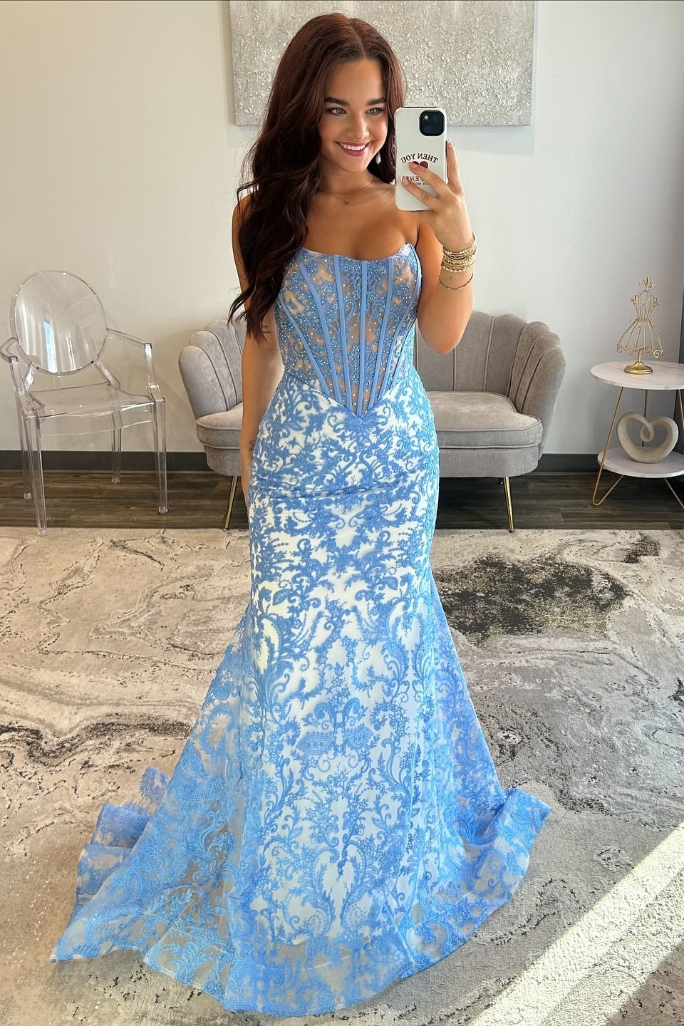 Gorgeous Mermaid Strapless Blue Corset Prom Dress with Appliques