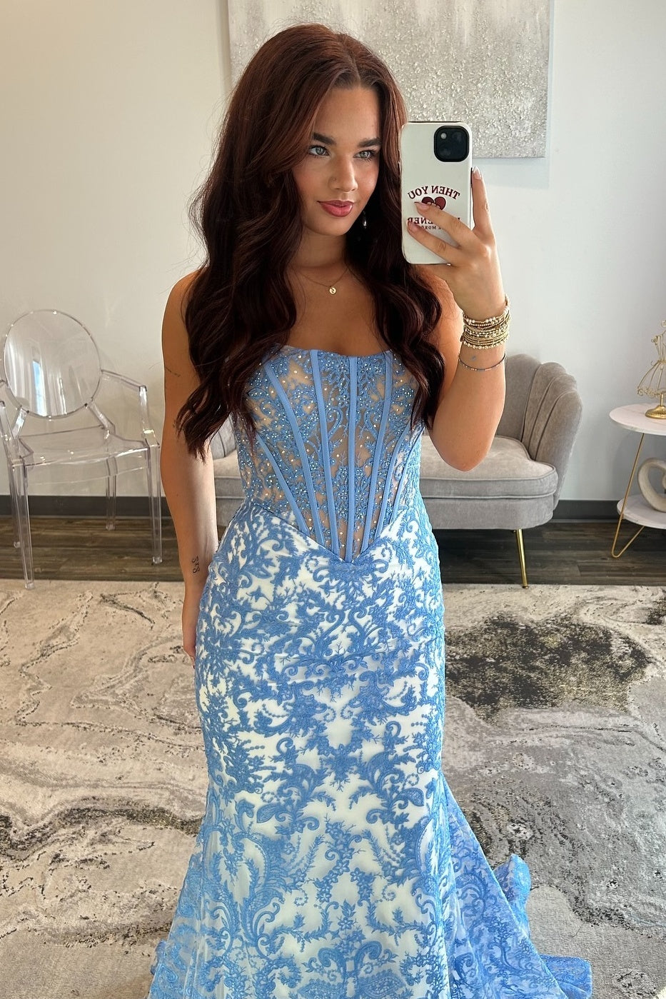 Gorgeous Mermaid Strapless Blue Corset Prom Dress with Appliques