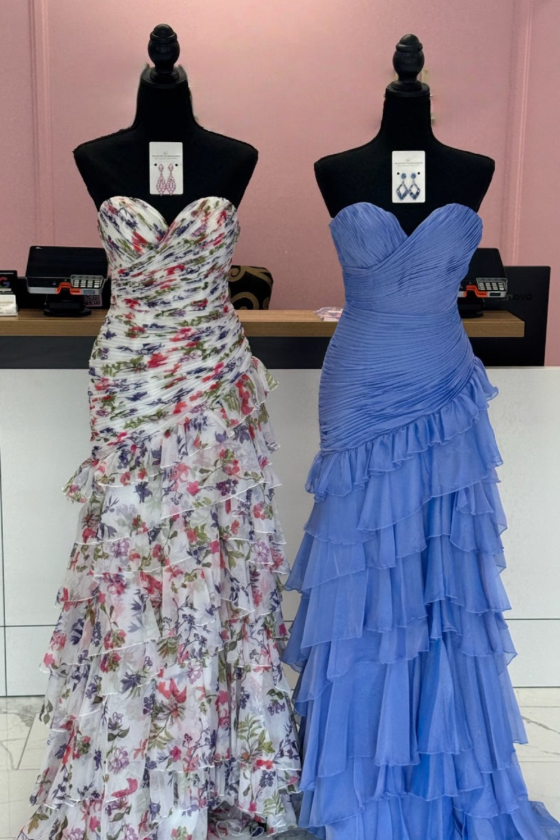 Gorgeous Mermaid Sweetheart Blue Long Prom Dress with Ruffles