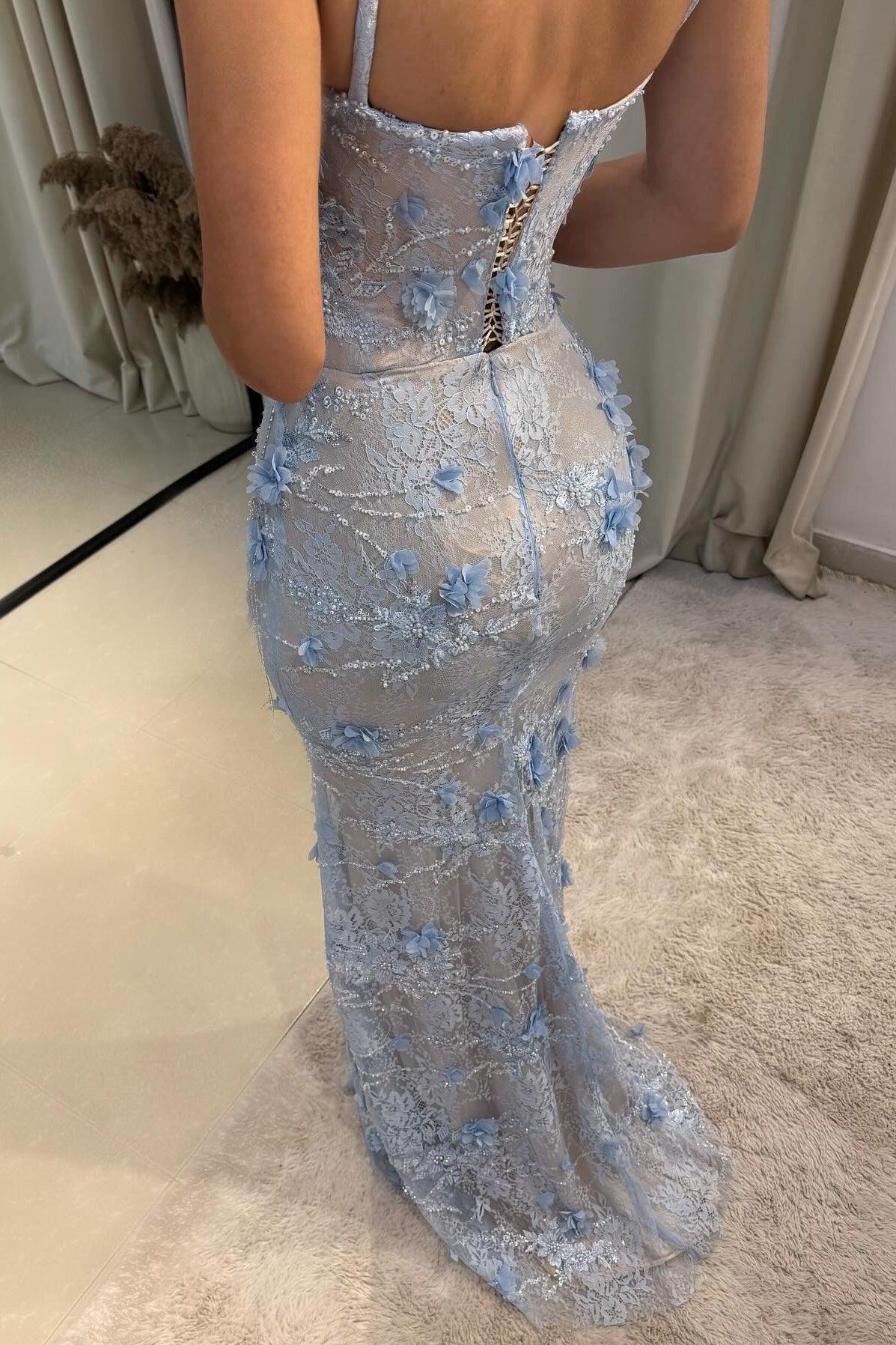 Gorgeous Mermaid Sweetheart Light Blue Long Prom Dress with Appliques - View 3 | FashionDia