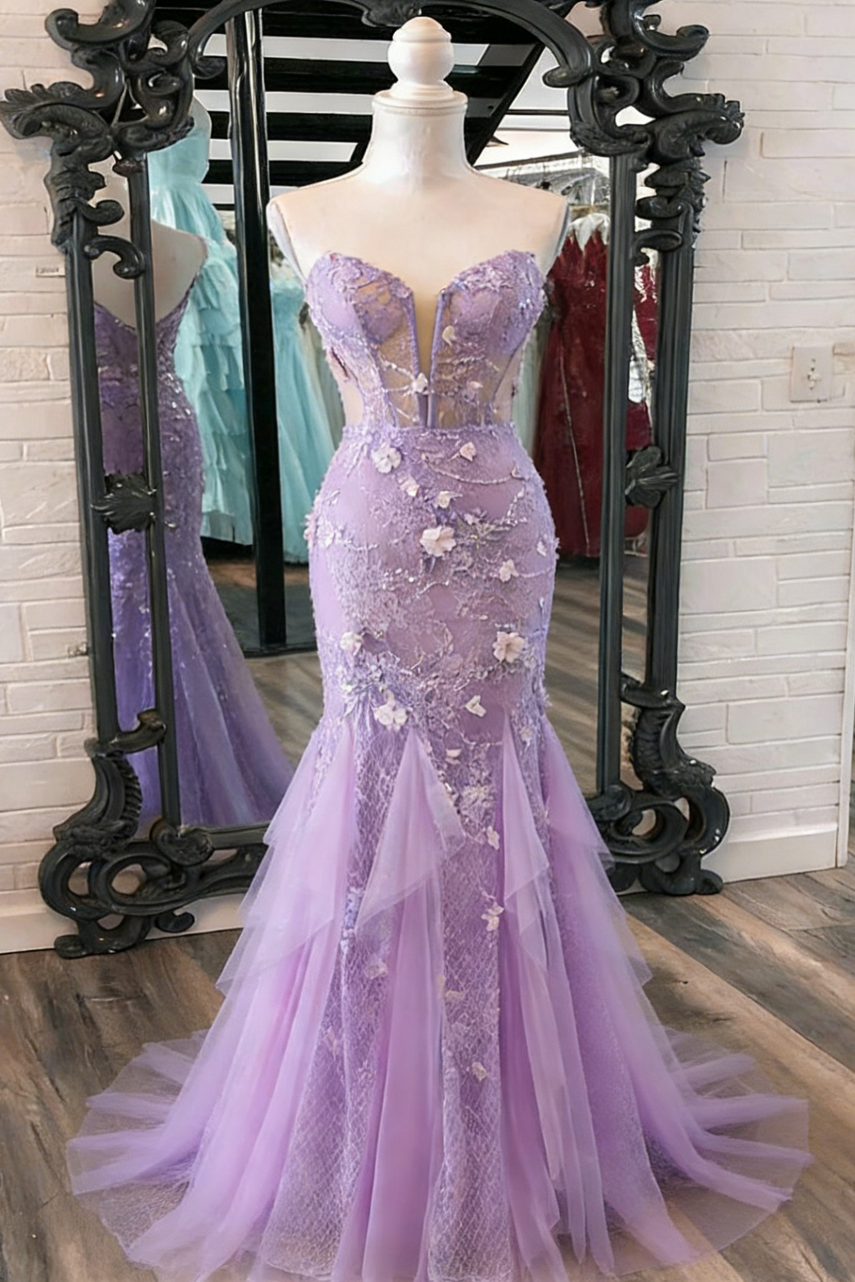 Gorgeous Mermaid Sweetheart Lilac Long Prom Dress with 3D Flowers - FashionDia